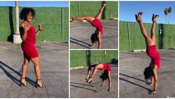 Beautiful lady in a spaghetti dress does acrobatic moves while wearing heels, video sends many into a frenzy