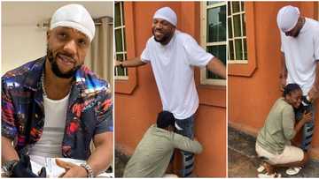 Nollywood actor Charles Okocha dazed as female fan stops him at restaurant, rests head on his manhood in video