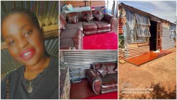 Lady shares photos of house built with iron sheets, puts chairs, kitchen cabinets, looks like "paradise"