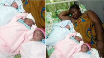 Woman finally gives birth to triplets after 9 years of waiting; world rejoices with her as she shares photos