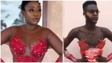 Hilarious style steal: Ghanaian comedian creates caricature version of Ini Edo's red outfit