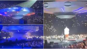 Video shows Burna Boy arriving his 02 Arena show in spaceship, many react to singer's grand entrance