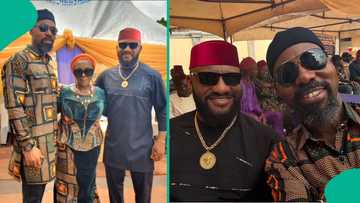 Rita Edochie reunites with Yul and Linc at family event, they exchange pleasantries in video