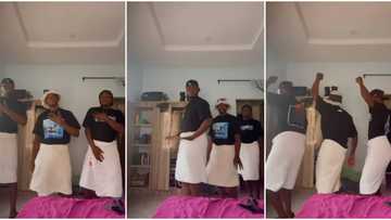 "Person serious boyfriend": Dance video of 3 Nigerian men in towels behaving like kids stirs massive reactions
