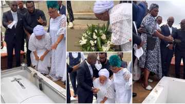 “Death is the end”: Sammie Okposo’s widow, Ozioma weeps, pours sand on his grave at final Burial, fans react
