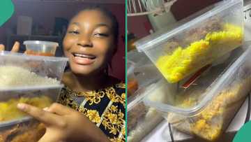 Excited Nigerian lady displays plate of rice and chicken she bought for N1k, people rush her