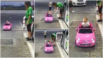Baby drives her toy car into filling station, pays attendant to buy fuel, lady pretends to sell in viral video