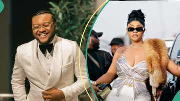 Deacon Famous reacts to rumours of fighting senior colleague Angela Okorie as they meet at event