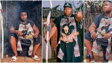 Cut soap for me: Nigerians react as Cubana Chiefpriest wears spiritualist outfit to visit shrine