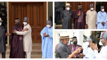 Breaking: Wike reconciles Ortom, Mohammed as warring PDP governors embrace in new photos