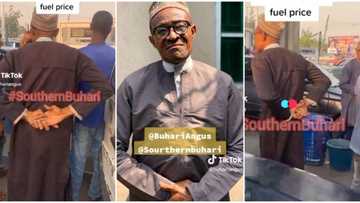 "Are you being serious?" President Buhari's look-alike storms filing station, causes a stir, video goes viral