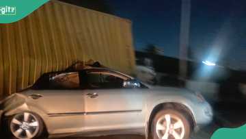 Container truck falls on car, Lagos couple miraculously walks away without injury, photos, video emerge