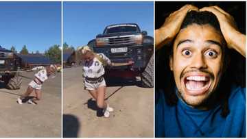 Petite Oyinbo lady pulls gigantic car using ropes in incredible video, leaves many in disbelief