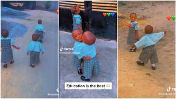 "Una go late reach school": Nigerian triplet babies in matching uniforms hug themselves, show love