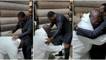 Don Jazzy star struck, prostrates to greet Kanayo O. Kanayo as he meets legendary actor for the first time