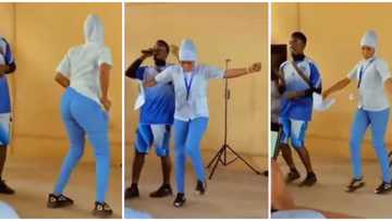 She's not joking; Nigerians react as uniformed Muslim lady in hijab 'scatters' stage with fast legwork in clip