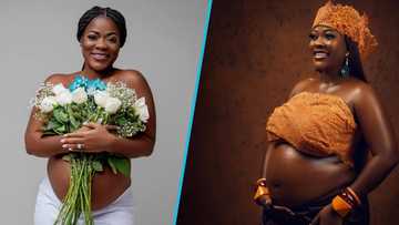 Asantewaa goes shirtless in pregnancy photos, covers chest with flower bouquet, netizens react