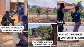 "So you fit run": Nigerian lady takes to her heels as soldier pursues her after she pranked him in video