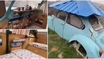 Man turns old, spoilt small 'tortoise' car into a single room apartment, shares video of its fine interior