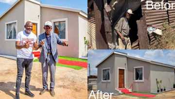 Kind businessman helps old man living in dirty house, builds him modern home, paints it