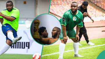 Oga Sabinus' dramatic dance move as his football team wins trophy in Abuja spurs reactions