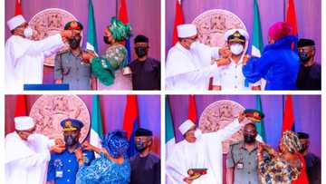 BREAKING: Presidency releases photos of new service chiefs decorated by Buhari