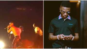 Singer Wizkid falls on stage as excited fan refuses to let go of his leg (video)