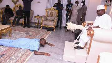 See lovely photos as Davido prostrates fully for Oba of Oniru during courtesy visit to palace