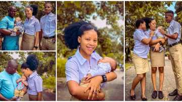 Husband goes to university for cute photoshoot with young wife who is a student as they welcome baby