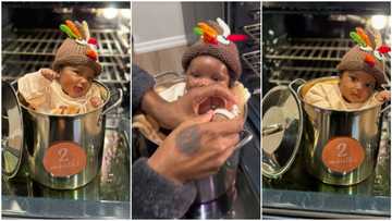 Thanksgiving Day: Mum puts her baby inside pot in kitchen, girl poses for beautiful photoshoot