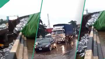 BREAKING: Heavy gridlock as wheat-loaded truck flips on Otedola bridge