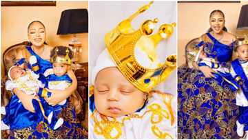 Regina Daniels officially unveils herself as mom of 2 with royalty themed photos, they rock matching outfits