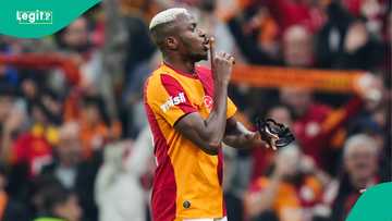 Victor Osimhen reacts after scoring 2 goals to help Galatasaray beat Fenerbahce