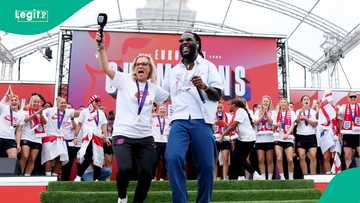 Burna Boy surprises England manager Sarina Wiegman during Euro 2025 victory parade, video