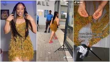 "Too creative": Nigerian lady buys N10k worth of rubber bands, uses them to make gown in video