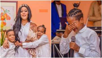 Emotional moment Adunni Ade's son burst into tears as he prays for his mum on her birthday