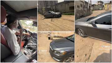 "Why you carry am go?" Rich Nigerian man struggles to drive his Benz on bad Lagos road in Ikorodu