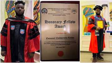 “I don collect my own o”: Fans react as Sabinus steps out in graduation gown, flaunts multiple certificates