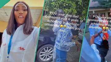 Tearful lady kneels before stepfather who sponsored her in school for 4 years, video melts hearts