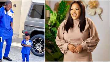 Big and small daddy: Reactions and Toyin Abraham’s husband and son rock matching outfit in cute new photo