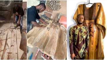 It's for men of timber and caliber: Reactions as man makes agbada from wood, cute photos light up the net