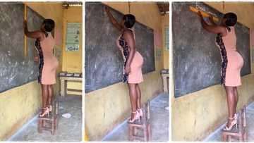 Elegant female teacher with good shape stands on chair to write on black board, video goes viral on TikTok