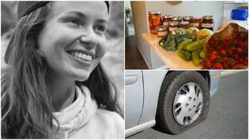 Lady visits man's house after he helped her to fix car's flat tyre, she gives him foodstuff as appreciation
