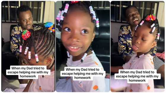 "Children homework dey hard o": Little girl calls out her dad who tries to dodge her assignment