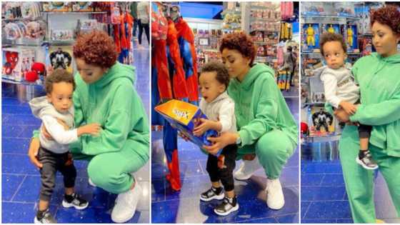 Fans gush over actress Regina Daniels and her son Munir as they go shopping for toys in London