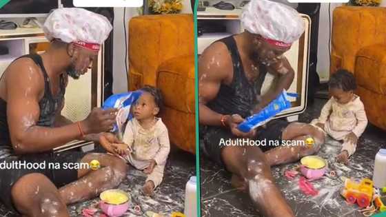 "Adulthood is a scam": Jovial man joins his little baby to mess up house, pours milk on the floor