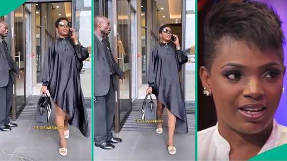 Security man loses himself, leaves mouth open after seeing Annie Idibia walk out of building