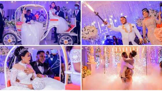 Nigerian bride and groom make majestic entrance to their wedding venue, photos cause stir