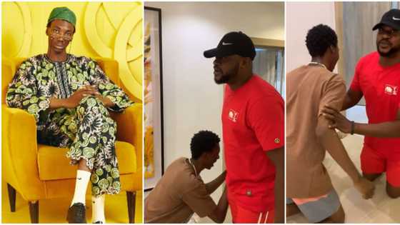 Odunlade Adekola goes on his knees as skit maker refuses to stand up after meeting him for the 1st time