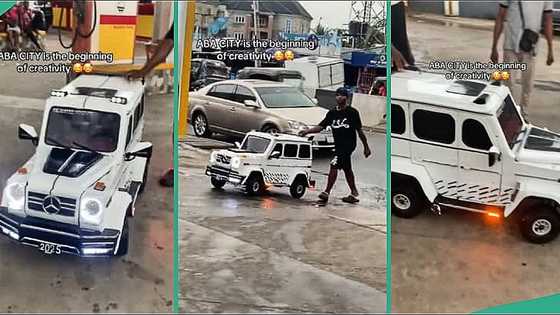 Creative man from Aba builds Mercedes Benz replica, takes it to fuel station in video, people react